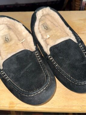 UGG Black Suede Shearling Moccasin Slippers